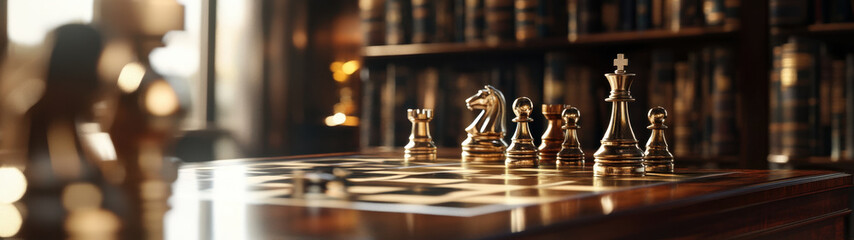 Wall Mural - beautifully arranged chessboard with golden pieces set against library backdrop, evoking sense of strategy and contemplation. warm lighting enhances elegance of scene