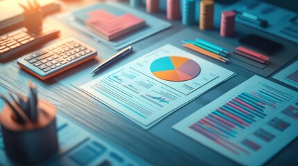 Poster - a workspace with charts, graphs, and office supplies, illustrating data analysis and financial plann