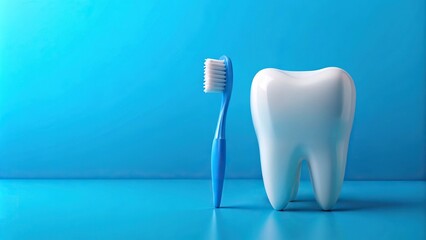 Clean toothbrush and tooth on blue background with minimalist style