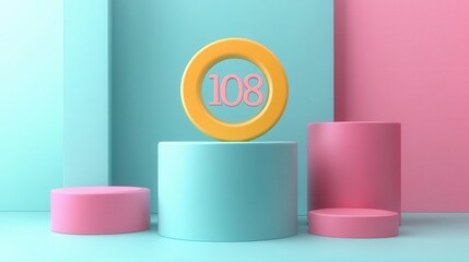 Poster - A vibrant 3D composition featuring pastel-colored geometric shapes with a prominent yellow circle displaying the number 