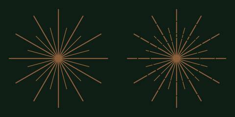 Wall Mural - Set of light rays, sunburst and rays of sun. Design elements, linear drawing, vintage hipster style. Set light rays sunburst different size and saturation on light backround. Vector Illustration