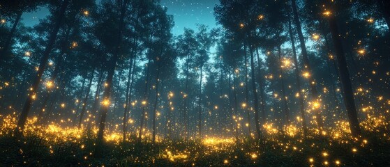 Poster - Enchanting Forest Floor Illuminated by Fireflies at Night