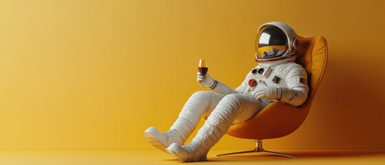 astronaut relaxing in a yellow armchair with a glass of wine against a yellow background.