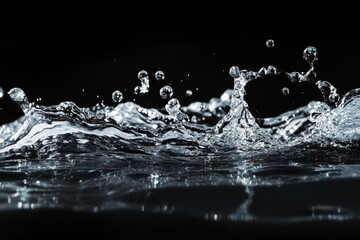 Poster - Abstract splash of water creating a transparent liquid wave on a striking black background