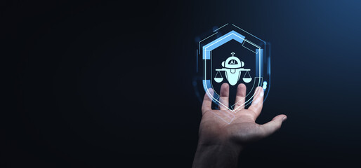 Poster - Hand holding AI ethics and law symbol hologram on dark background.