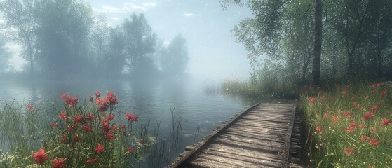 Aufkleber - Misty Forest Lake with Wooden Bridge and Red Flowers