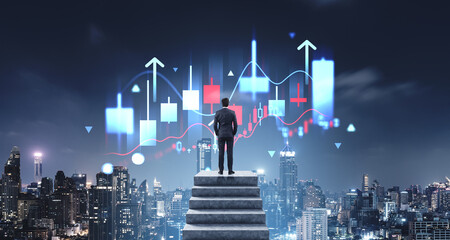 Poster - Businessman on concrete stairs, Bangkok skyscrapers and forex trading hologram