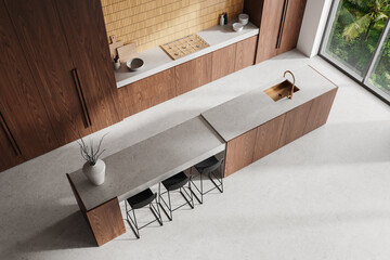 Wall Mural - Top view of kitchen interior with bar counter and cooking corner with window