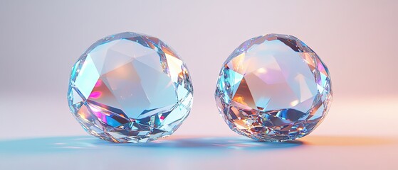 Two iridescent, faceted glass spheres on a white background.