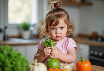 Cute toddler with a serious expression holding vegetables in a cozy kitchen setting