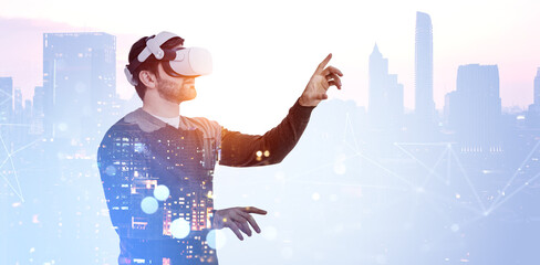 Poster - Man wearing a VR headset interacts with a virtual interface, cityscape background, concept of virtual reality technology