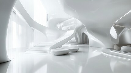 Poster - White, modern, minimalist, futuristic lobby interior with curved walls and a sleek, organic design.
