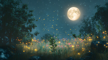 Poster - A serene night scene featuring a bright moon illuminating a field of glowing flowers and shimmering fireflies under a starry sky.