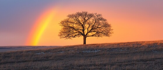 Poster - Solitary Tree Silhouetted Against a Colorful Sunset and Rainbow