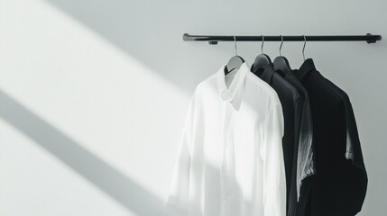 Poster - Minimalist display of a white shirt and three black shirts hanging on a rack against a wall