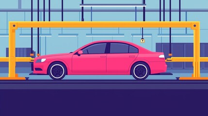 Car manufacturing assembly line flat design, side view, automotive theme, cartoon drawing, Triadic Color Scheme