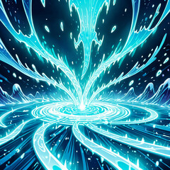 A stylized image depicting a glowing blue water vortex, with swirling energy emanating from its center and a background of faint, ethereal blue waves.