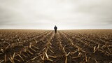 Devastated Farmer Surveying Dead Crops in Field Under Gray Sky, Concept of Agricultural Loss and Emotional Strain