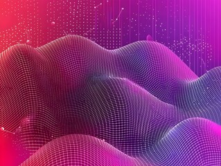 Poster - Abstract digital landscape with flowing waves in vibrant shades of pink and purple, created with a grid pattern that highlights depth and movement.