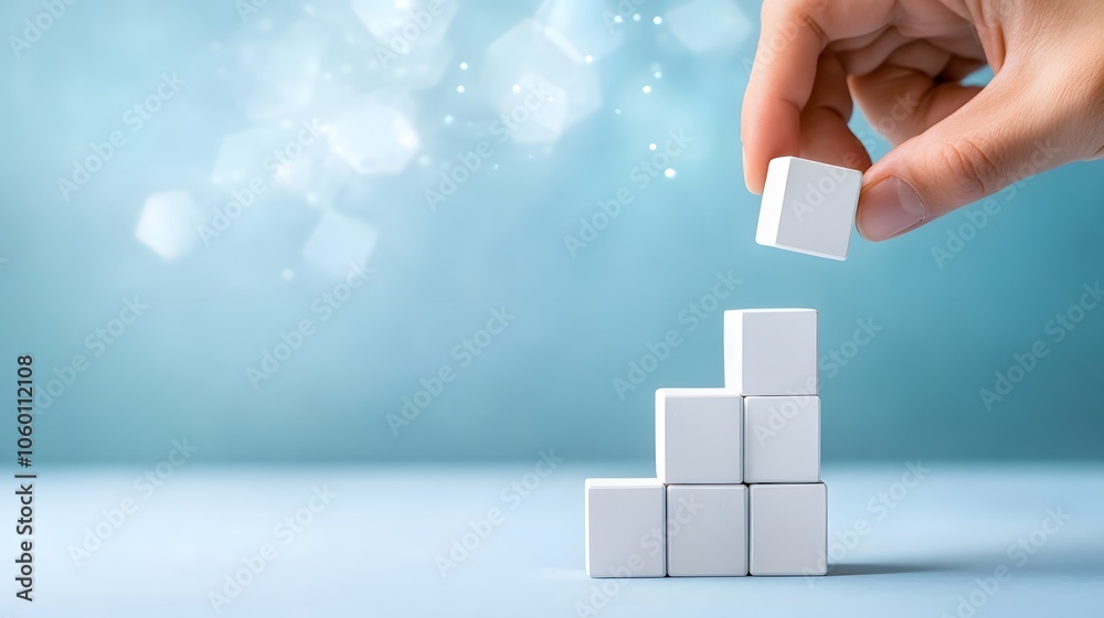 Hand carefully places white blocks to create a steady stacked structure ...