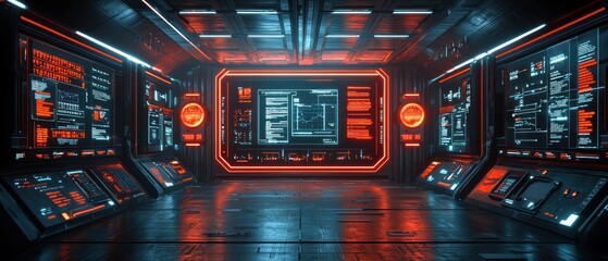 Poster - Futuristic Spaceship Corridor with Red and Blue Neon Lights and Digital Displays
