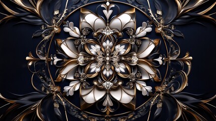 Poster - A beautiful mandala with intricate patterns in gold and white on a dark background.