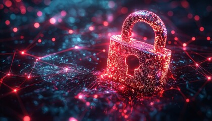 Poster - A glowing padlock symbolizing data security, surrounded by a network of interconnected points.