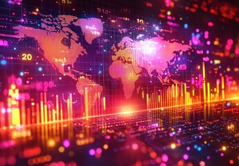 Aufkleber - Digital World Map with Data and Bar Graphs