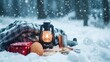 © jureephorn - Snow storm preparation essentials, such as flashlights, blankets, and non-perishable food items for emergencies
