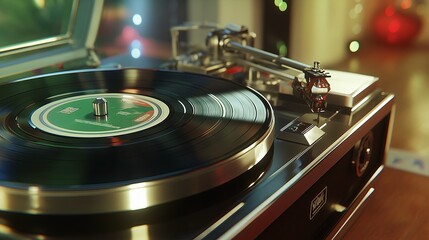 Poster - A close-up of a vintage record player, with a vinyl record spinning gently