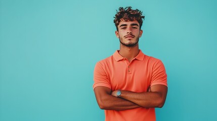 Full body shot of a young attractive Brazilian man dressed in a classic polo shirt and casual shorts standing with a curious contemplative expression against a plain sky blue studio background