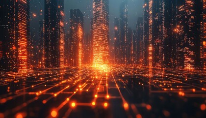 Poster - Futuristic Cityscape with Glowing Towers and Networked Grid