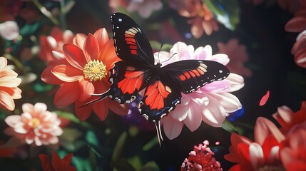 Poster - A detailed close-up of a butterfly perched on a vibrant flower, showcasing delicate wing patterns.