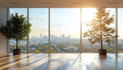 Poster - A City View Through a Large Window in a Modern Apartment