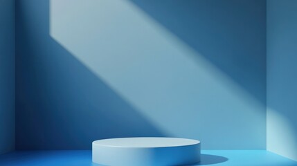 Poster - A minimalist blue room with a circular pedestal and dramatic lighting.