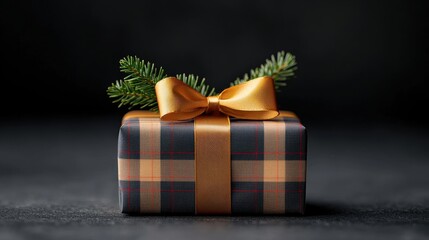 Wall Mural - A beautifully wrapped gift box with a golden ribbon and a sprig of evergreen, set against a dark background.