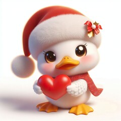 Wall Mural - 3d Cute fluffy christmas duck doing mini heart pose, full body, white background