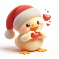 Wall Mural - 3d Cute fluffy christmas duck doing mini heart pose, full body, white background