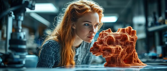 Poster - Redheaded Woman Examining a 3D Printed Skull