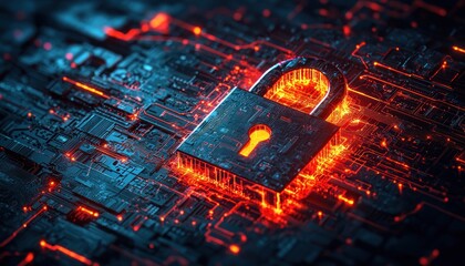 Fototapete - A Glowing Padlock on a Circuit Board Representing Cybersecurity