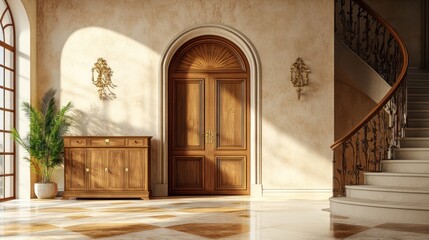 Poster - Elegant interior featuring a wooden door, staircase, and decorative elements.