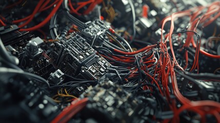 Poster - A close-up view of tangled wires and circuit boards, showcasing complex electronic components.