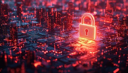 Poster - Glowing Padlock Symbol on a Futuristic Circuit Board