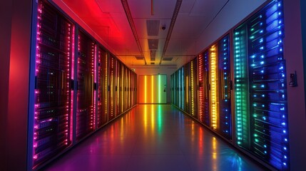 Poster - A colorful data center with illuminated server racks creating a vibrant atmosphere.