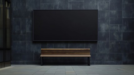 Poster - A minimalist setting with a wooden bench against a dark wall and a blank screen.