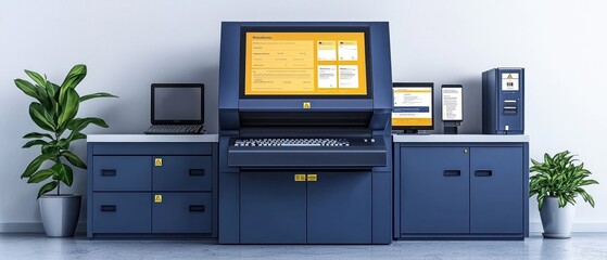Poster - Blue Digital Printing Machine With Monitors and Plants