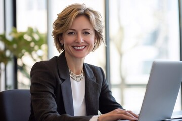 Poster - A portrait of happy smiling middle aged professional business woman, mature female manager executive leader looking at camera at workplace, working on laptop computer in office sitting at desk.