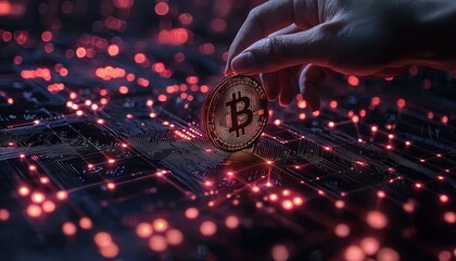 Poster - Hand Holding Bitcoin on a Circuit Board with Red Lights