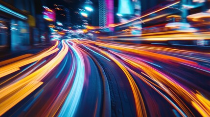 Poster - A vibrant, blurred view of city traffic at night, showcasing light trails and urban energy.