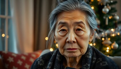 Lonely sad senior elderly Asian woman sitting alone at christmas time, isolation solitude and loneliness concept